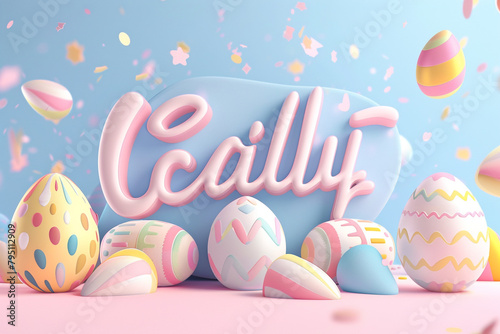 holiday poster with 3D pastel text, Easter eggs Spring background Vector illustration Online shopping