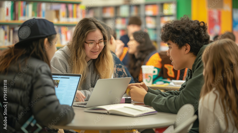 Students collaborating on a peer mentoring program to support incoming freshmen. Knowledge, study, friendship, respect for each other, education