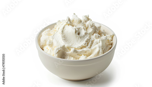 Bowl of tasty cream cheese isolated on white background photo