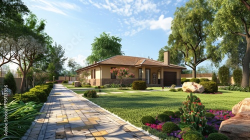 House Image. 3D Rendering of a New Home Front Yard and Garden with Garage and Driveway