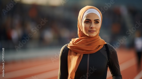 Beautiful Muslim woman participating in a sports event. photo