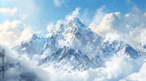 Snow-covered mountain peaks and sky with white clouds.