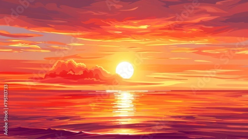 Sun Horizon. Summer Sky at Sunset with Ocean Landscape in Orange Shades © AIGen