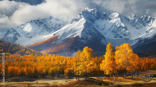 Snow-covered mountains and yellow autumn trees. 
