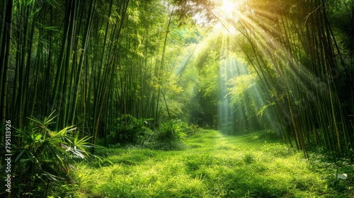 Enchanting bamboo forest with sunlight filtering through the canopyy, creating a magical atmosphere for yoga