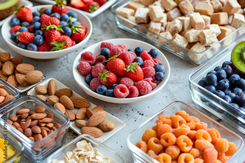 Horizontal array of homemade snacks ready for a healthy break Horizontal array of homemade snacks ready for a healthy break
