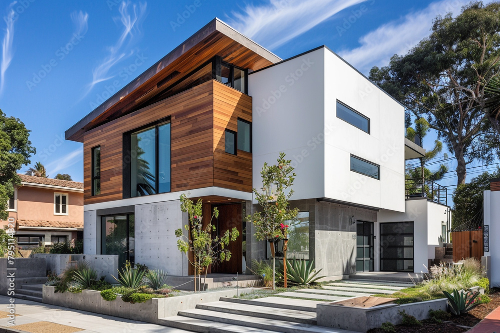 A contemporary home with a unique facade featuring a mix of textures and angular architectural elements.