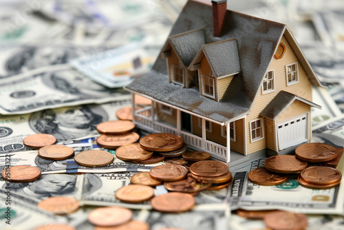 house model surrounded by money coins, conveying the idea of refinancing and investing in property Emphasize the strategic aspect of financial