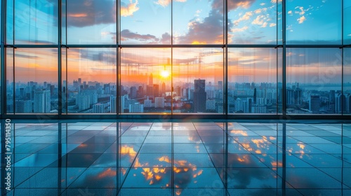 A Window View of a City at Sunset