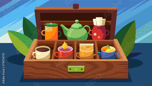 A wooden tea box on the countertop filled with exotic teas from around the world inviting you to unwind and indulge..