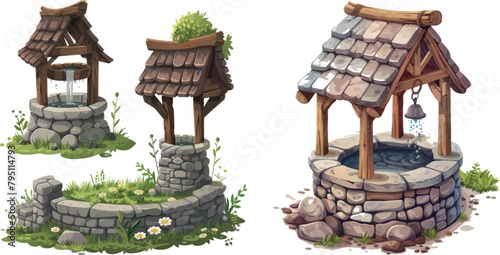 Cartoon water wells. Wood and stone old rural well in village garden, ancient medieval wishing draw-well