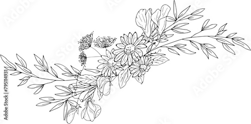 Flower arrangement of mixed summer flowers, leaves and grasses