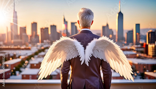 Close-up and back view of a businessman dressed formally, with white angel wings on his back looking a modern city with tall skyscrapers, from the top of his office at sunset or sunrise. Generative Ai photo