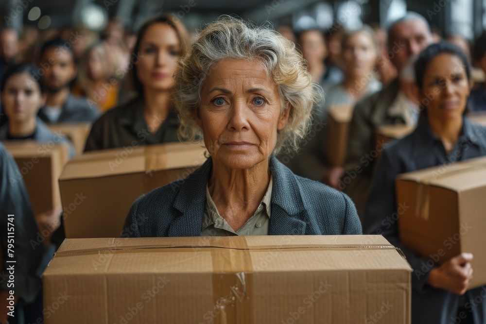 Group of uniformed workers carrying large brown parcels in a warehouse environment, representing industry and shipment Group of uniformed workers carrying large brown parcels in a warehouse environment, representing industry and shipment