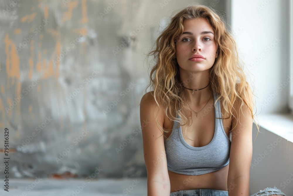 Naklejka premium An anonymous woman in a casual pose wearing a tank top evokes calmness in a rustic setting