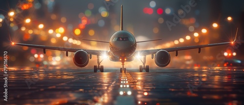 plane on runway with bokeh light at night time, Generative Ai photo