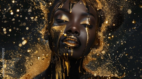 African American woman with golden paint dripping. AI Created.