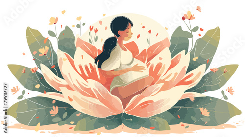 Pregnant woman is sitting in the big flower. Young wo