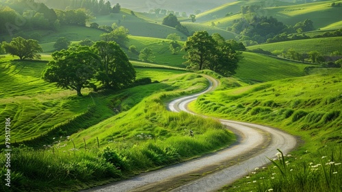 Idyllic green countryside with a winding country road © KerXing