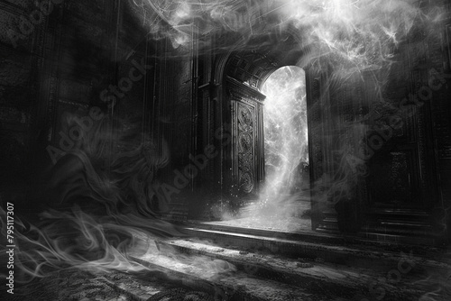 Igniting curiosity a mysterious doorway at the center of a dark room leads to an astral realm unseen by human eyes photo