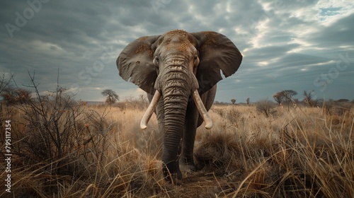 Big elephant in the African savanna. Nature animal background. photo