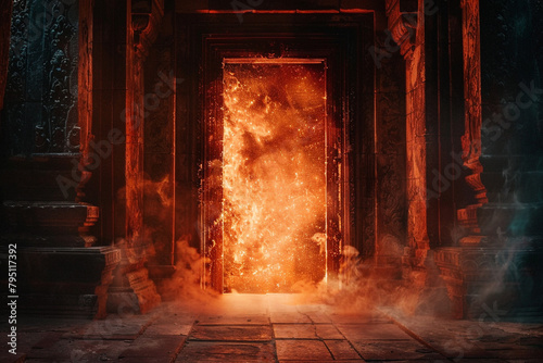 Igniting curiosity a mysterious doorway at the center of a dark room leads to an astral realm unseen by human eyes