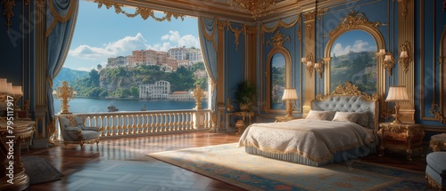 luxury palace bedroom with lakeside view, fairytale elegance scenery, Generative Ai photo
