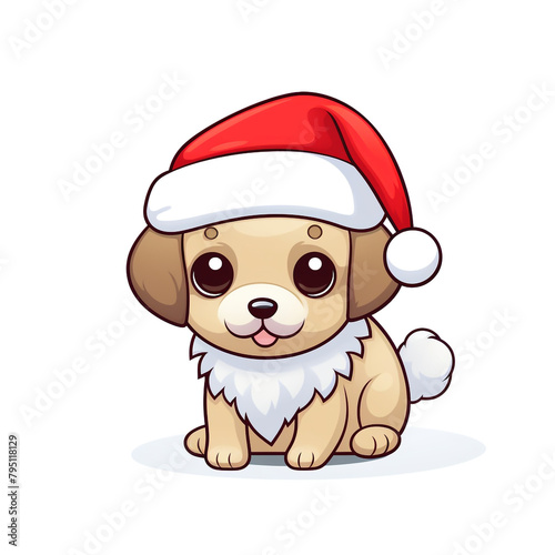 clipart kawaii, cute dog wearing a christmas hat, soft pastel colour scheme, white background сreated with Generative Ai