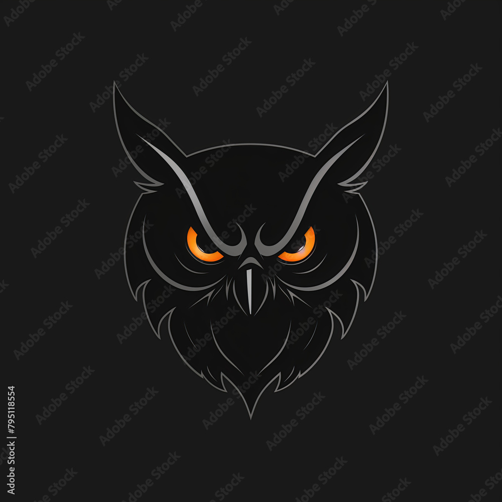 owl head with orange eyes, simple illustration on a black background