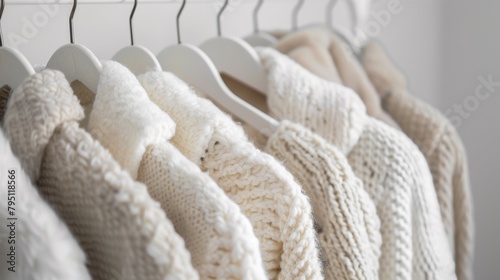 A row of white sweaters hanging on a rack in front of the wall, AI