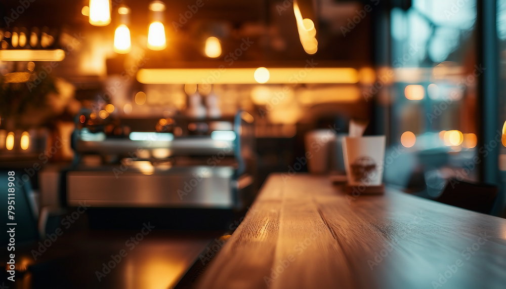 A contemporary cafe setting, showcasing blurred background details with prominent warm lighting and wooden surface in focus. A contemporary cafe setting, showcasing blurred background details with prominent warm lighting and wooden surface in focus.