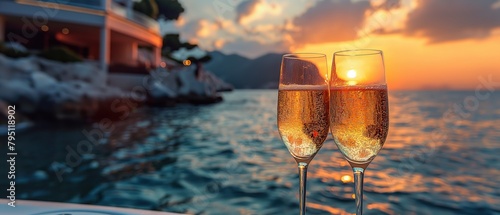 champagne glass with seascape resort view, Generative Ai