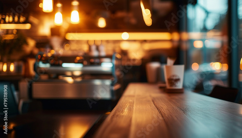 A contemporary cafe setting, showcasing blurred background details with prominent warm lighting and wooden surface in focus.