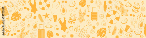 Summer background with icons of fruits, swimsuits, sunglasses, spf. Beach theme.  Banner design template for shopping sale, promo poster, web and social media. Vector illustration in orange color