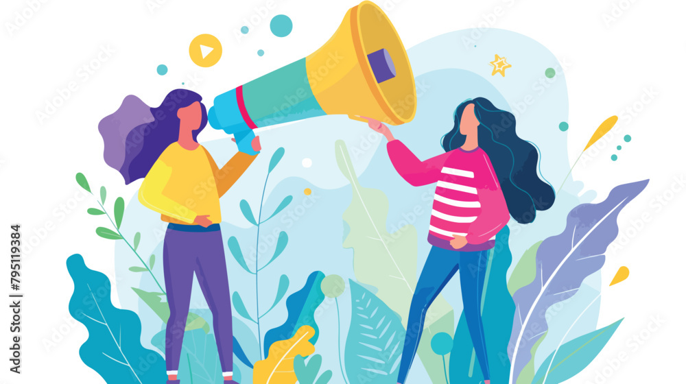 Refer a friend landing page with woman with megaphone