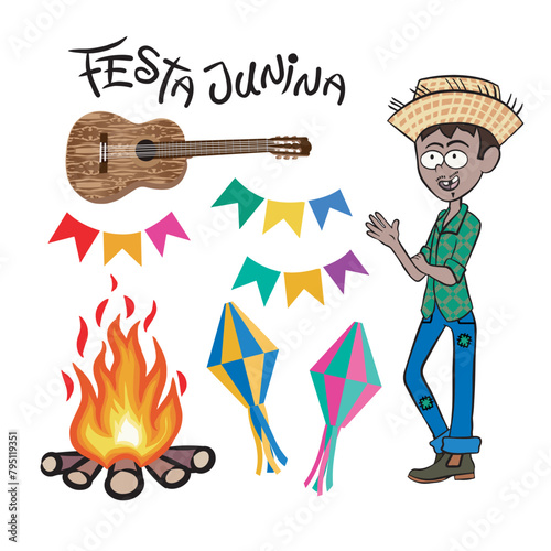  Set of June party items with guitar, flags, Saint John bonfire, balloons and a country man. Isolated on transparent background.
