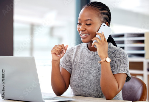Business woman, office and taking call with smartphone for planning, employee and happy with cellphone. Worker, network and coordinate for meeting, professional and virtual session for discussion © peopleimages.com