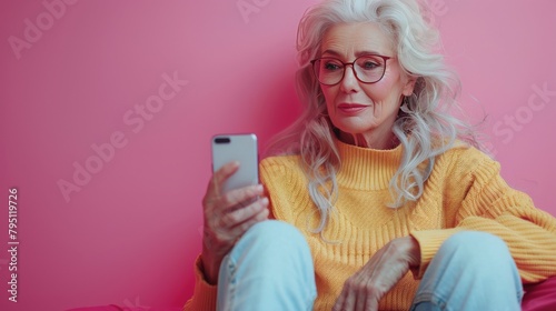 Woman Sitting on Pink Couch Holding Cell Phone