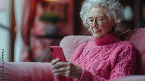 Older Woman Sitting on Couch Looking at Cell Phone