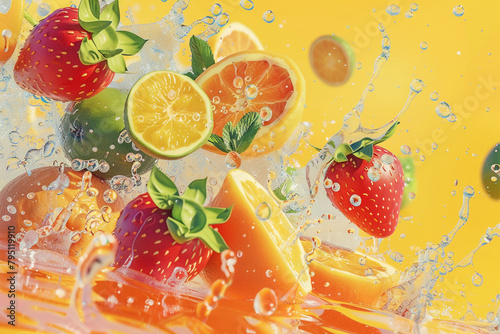 Illustration of fresh fruit causing a vibrant water splash, close-up, dynamic angle 