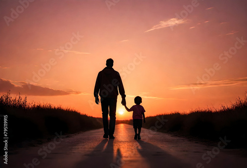 a father and son holding hands and walking down a path at sunset