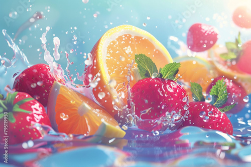 Illustration of fresh fruit causing a vibrant water splash, close-up, dynamic angle 