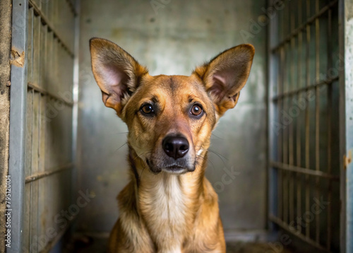 A lonely mongrel stray dog is sitting in an animal shelter. the social problem of cities.