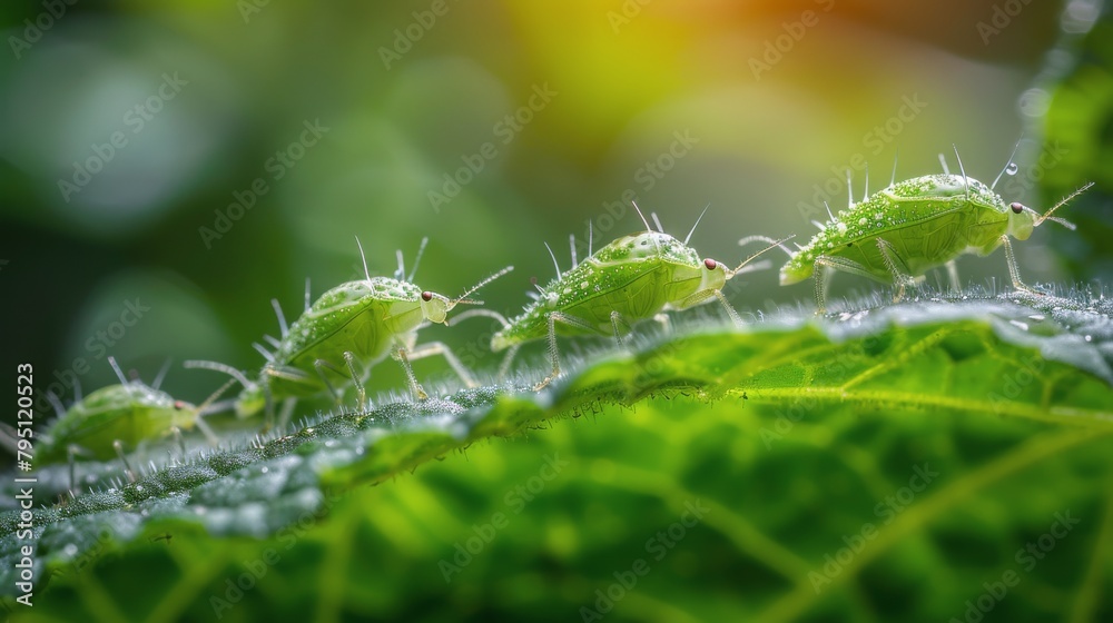Group of Small Green Bugs on Top of Green Leaf Group of Small Green Bugs on Top of Green Leaf