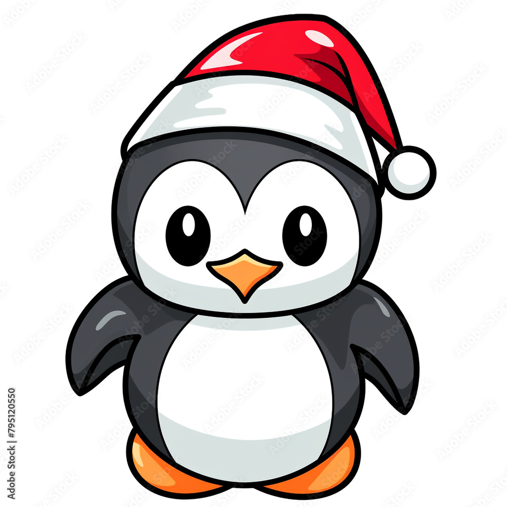 Naklejka premium clipart kawaii, cute penguine wearing a christmas hat, soft pastel colour scheme, white background сreated with Generative Ai