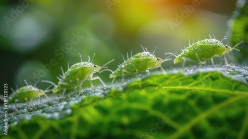 Group of Small Green Bugs on Top of Green Leaf