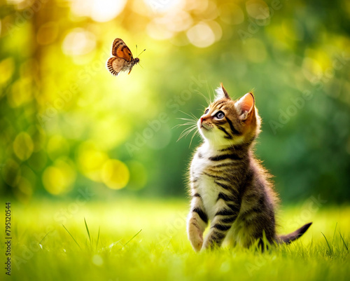 A little kitten plays in the summer sun on the green grass and looks at a butterfly. cute poster and wallpaper