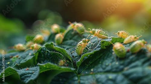Group of Small Green Bugs on Top of Green Leaf