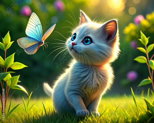 A little kitten plays in the summer sun on the green grass and looks at a butterfly. cute poster and wallpaper