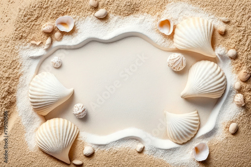 Rippled seashells on sandy beach as natural textured background for marine summer design. Generative AI